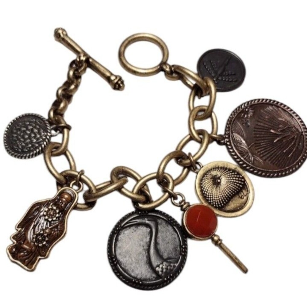 LUCKY BRAND Charm Bracelet Asian Inspired Antique Buttons Buddha